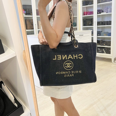 Chanel Large Deauville Tote in Navy Fabric, Glittery Threading and LGHW (Model: A66941)