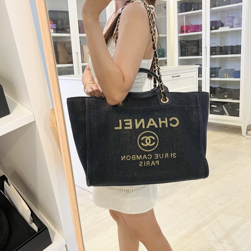Chanel Large Deauville Tote in Navy Fabric, Glittery Threading and LGHW (Model: A66941)