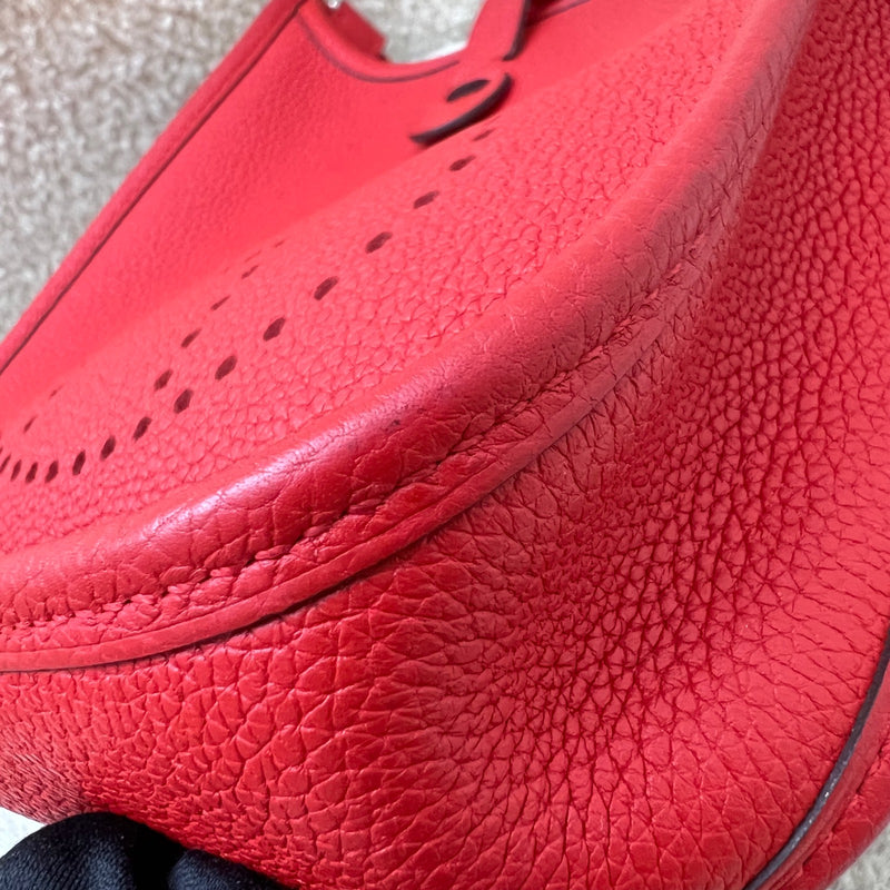 Hermes Mini Evelyne TPM in Red Clemence Leather with Red and Blue Strap and PHW