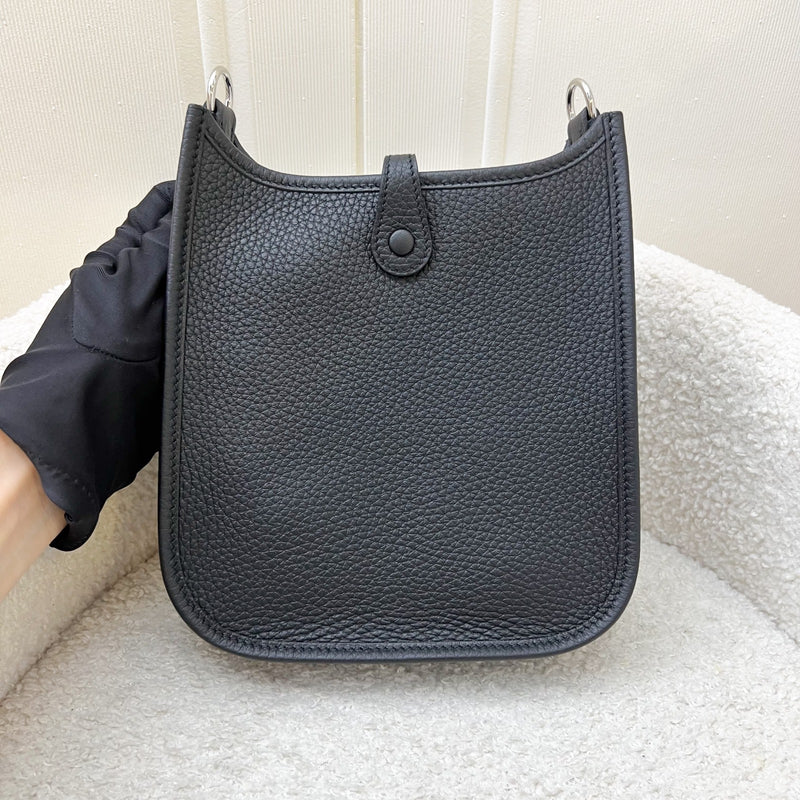 [New Short Strap - Oct 2024] Hermes Mini Evelyne TPM in Noir Black Clemence Leather, Gris Misty / Noir Strap and PHW