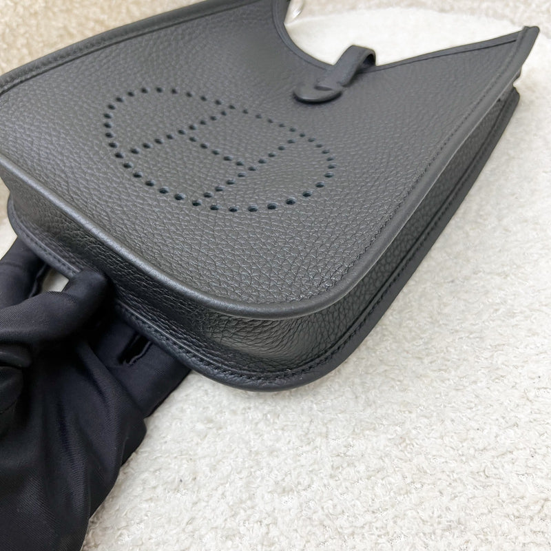 [New Short Strap - Oct 2024] Hermes Mini Evelyne TPM in Noir Black Clemence Leather, Gris Misty / Noir Strap and PHW