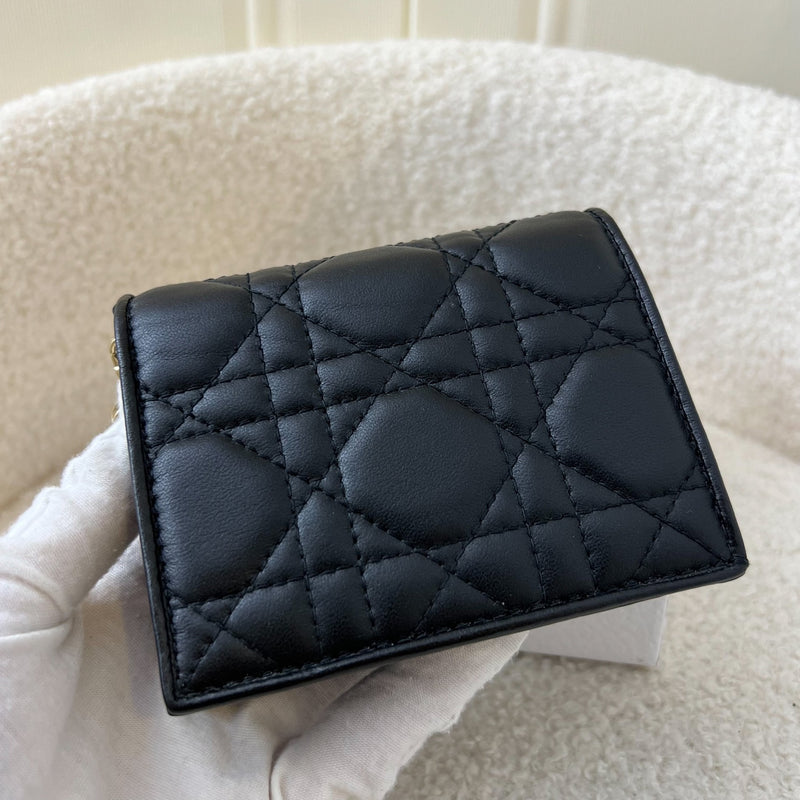 Dior Lady Dior Compact Wallet in Black Lambskin GHW