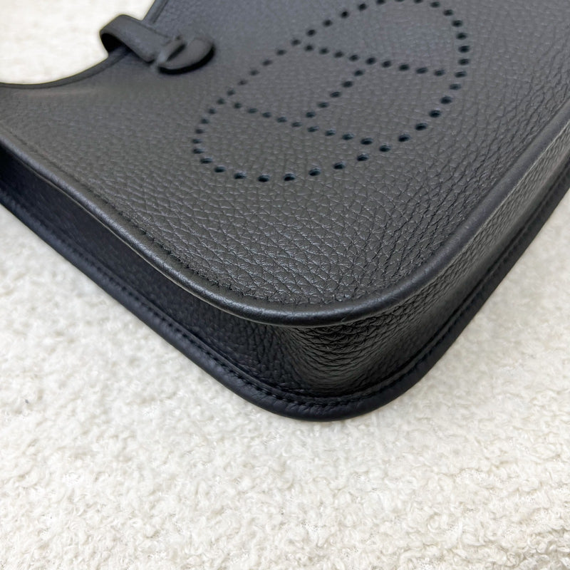 [New Short Strap - Oct 2024] Hermes Mini Evelyne TPM in Noir Black Clemence Leather, Gris Misty / Noir Strap and PHW