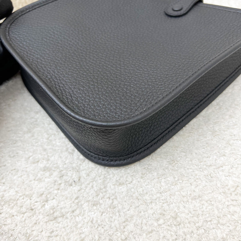 [New Short Strap - Oct 2024] Hermes Mini Evelyne TPM in Noir Black Clemence Leather, Gris Misty / Noir Strap and PHW