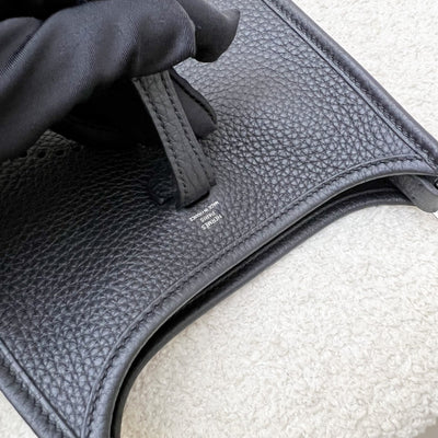 [New Short Strap - Oct 2024] Hermes Mini Evelyne TPM in Noir Black Clemence Leather, Gris Misty / Noir Strap and PHW