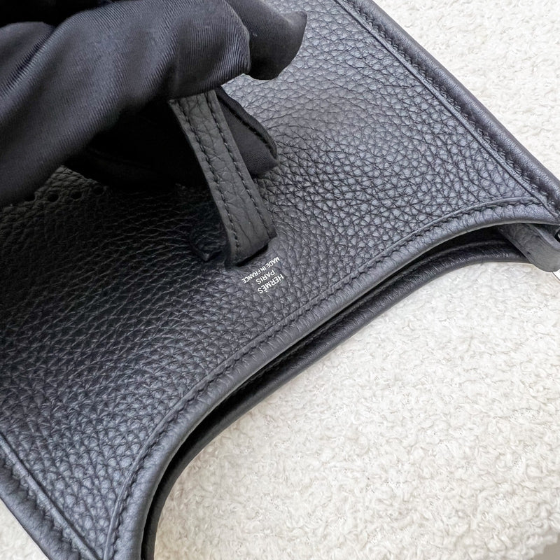 [New Short Strap - Oct 2024] Hermes Mini Evelyne TPM in Noir Black Clemence Leather, Gris Misty / Noir Strap and PHW