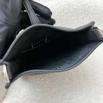 [New Short Strap - Oct 2024] Hermes Mini Evelyne TPM in Noir Black Clemence Leather, Gris Misty / Noir Strap and PHW