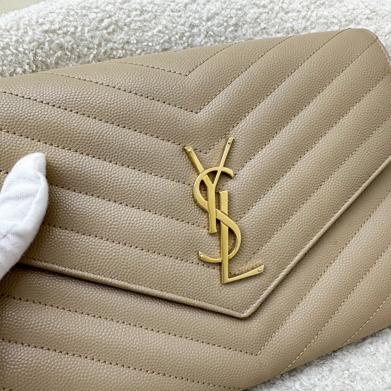 Saint Laurent Monogram Clutch in Dark Beige Grained Leather and GHW