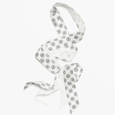 Chanel 25K Slim Bandeau with Black Logo in White Silk