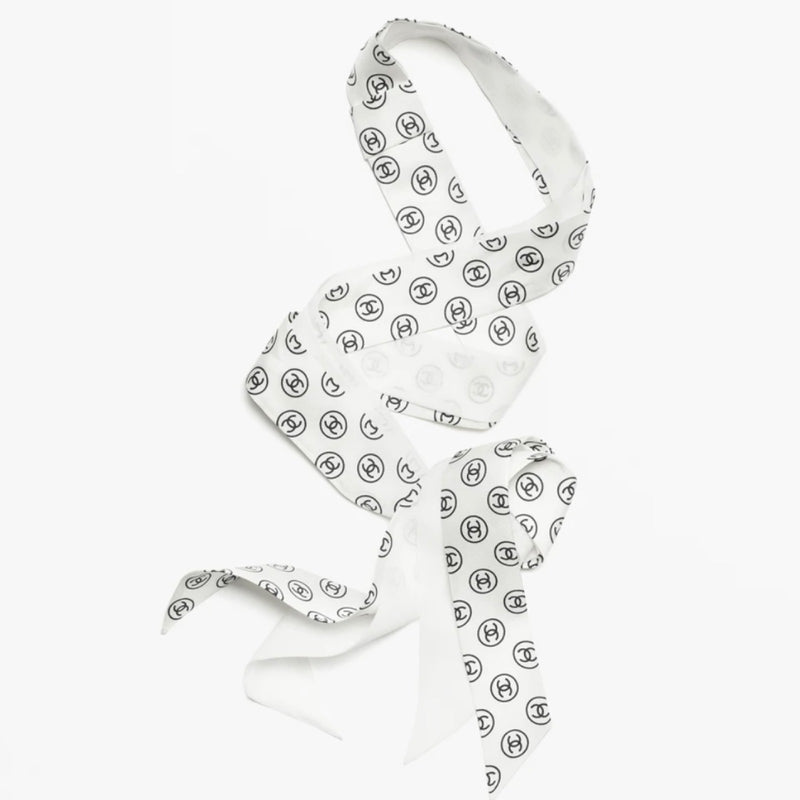 Chanel 25K Slim Bandeau with Black Logo in White Silk