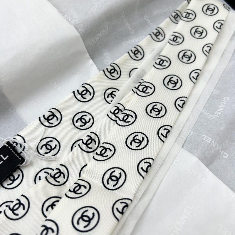 Chanel 25K Slim Bandeau with Black Logo in White Silk