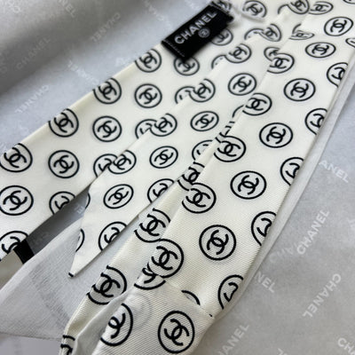 Chanel 25K Slim Bandeau with Black Logo in White Silk