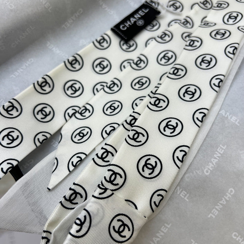 Chanel 25K Slim Bandeau with Black Logo in White Silk