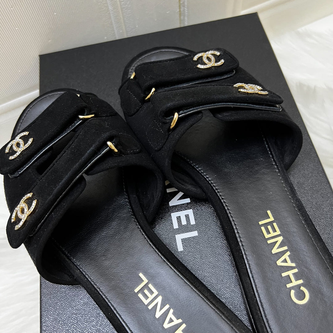 Chanel 26P Mules in Black Suede Kidskin and Leather Sz 39.5 (Model