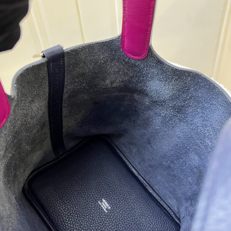 Hermes Picotin 18 in Blue Nuit Clemence Leather, Rose Pourpre Swift Handles and PHW