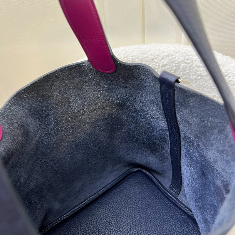 Hermes Picotin 18 in Blue Nuit Clemence Leather, Rose Pourpre Swift Handles and PHW