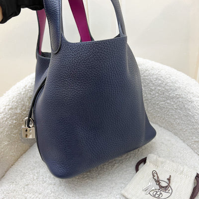 Hermes Picotin 18 in Blue Nuit Clemence Leather, Rose Pourpre Swift Handles and PHW