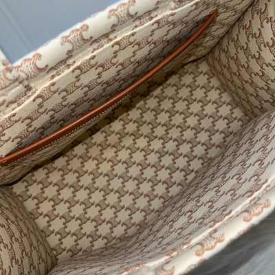 Celine Large Cabas Thais Tote Bag in Triomphe Print Canvas with Brown Leather Logo