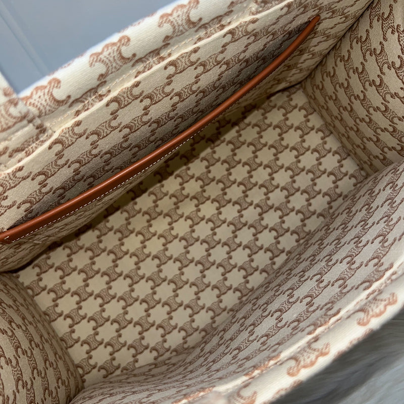 Celine Large Cabas Thais Tote Bag in Triomphe Print Canvas with Brown Leather Logo