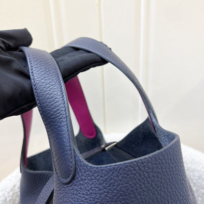 Hermes Picotin 18 in Blue Nuit Clemence Leather, Rose Pourpre Swift Handles and PHW