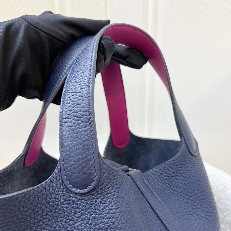 Hermes Picotin 18 in Blue Nuit Clemence Leather, Rose Pourpre Swift Handles and PHW