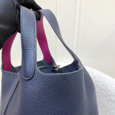 Hermes Picotin 18 in Blue Nuit Clemence Leather, Rose Pourpre Swift Handles and PHW