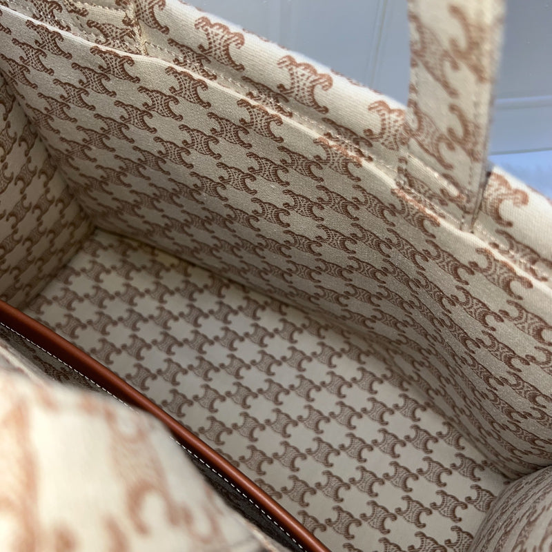 Celine Large Cabas Thais Tote Bag in Triomphe Print Canvas with Brown Leather Logo