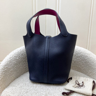 Hermes Picotin 18 in Blue Nuit Clemence Leather, Rose Pourpre Swift Handles and PHW