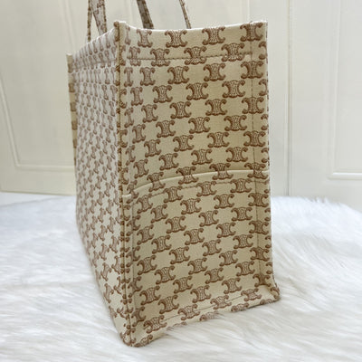 Celine Large Cabas Thais Tote Bag in Triomphe Print Canvas with Brown Leather Logo