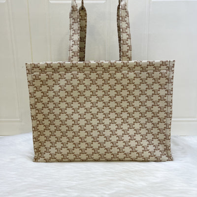 Celine Large Cabas Thais Tote Bag in Triomphe Print Canvas with Brown Leather Logo