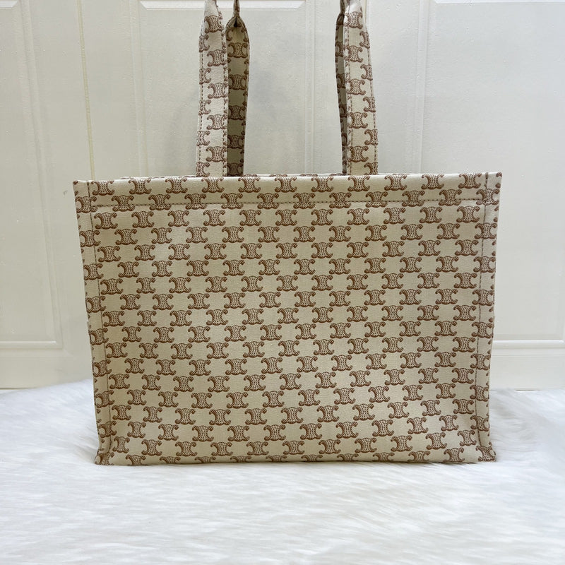 Celine Large Cabas Thais Tote Bag in Triomphe Print Canvas with Brown Leather Logo