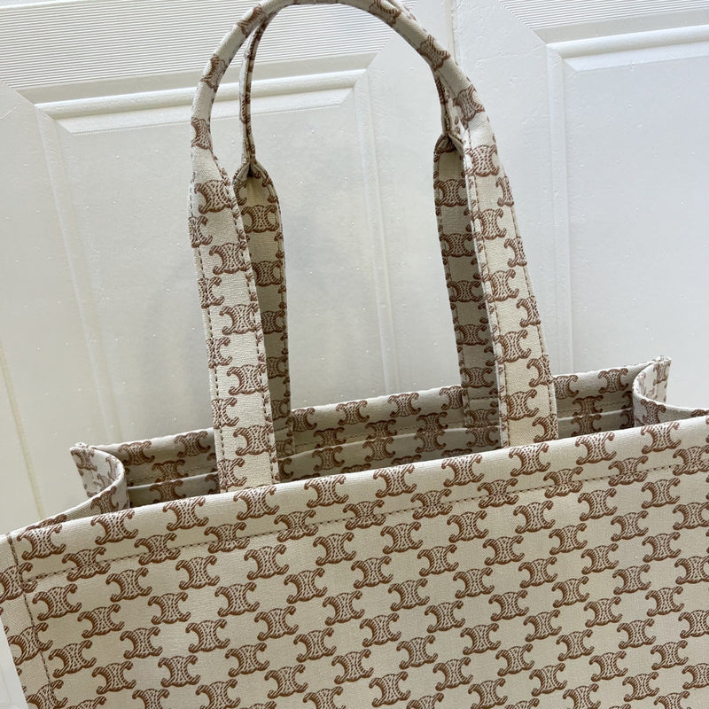 Celine Large Cabas Thais Tote Bag in Triomphe Print Canvas with Brown Leather Logo
