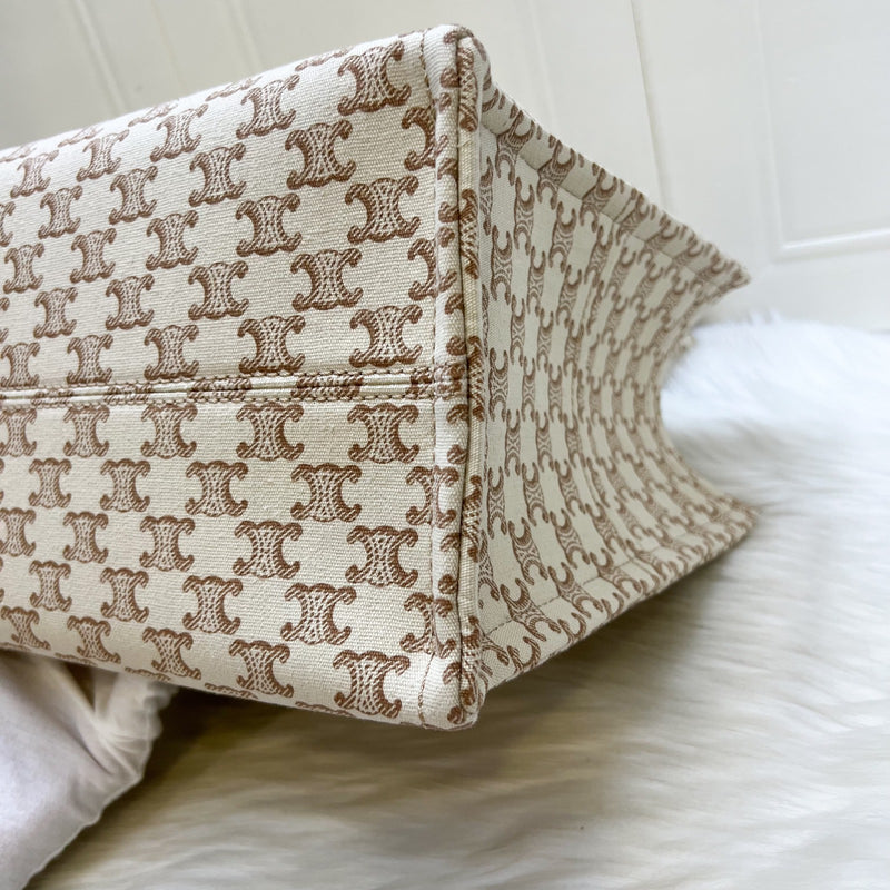 Celine Large Cabas Thais Tote Bag in Triomphe Print Canvas with Brown Leather Logo