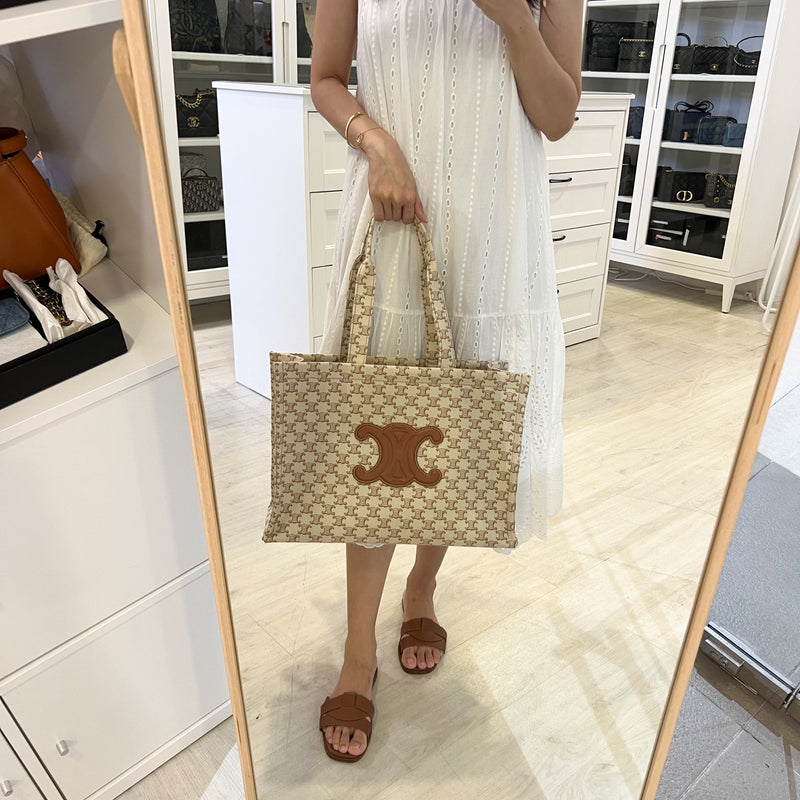 Celine Large Cabas Thais Tote Bag in Triomphe Print Canvas with Brown Leather Logo