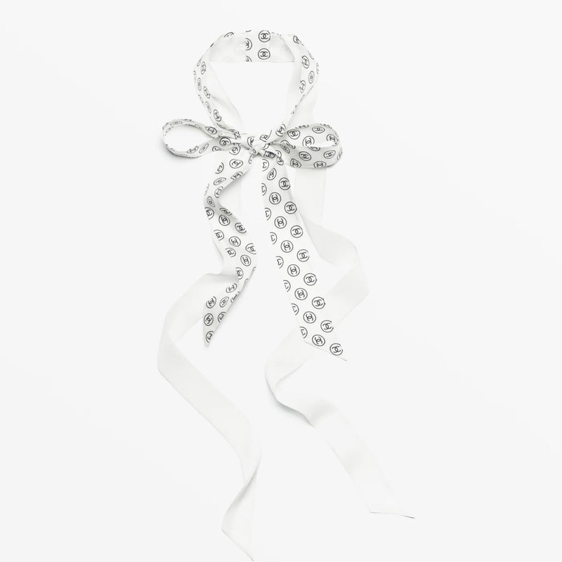 Chanel 25K Slim Bandeau with Black Logo in White Silk
