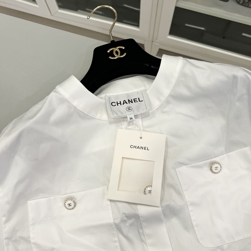 Chanel 25K Jacket with CC Logo Buttons in White Cotton Poplin Sz 36 (Model: P80582)