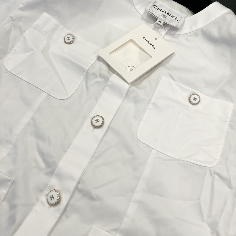 Chanel 25K Jacket with CC Logo Buttons in White Cotton Poplin Sz 36 (Model: P80582)