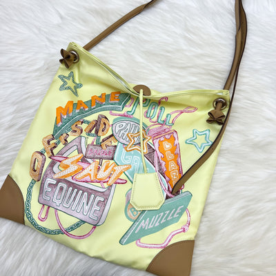 Hermes Silkycity 33 Bag in "Fantaisie Chevaloscope Neon" Printed Silk and Swift Calfskin in Jaune Pâle / Biscuit