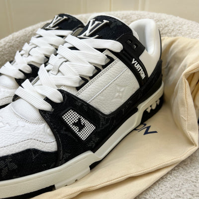 LV Men’s Trainer Sneakers in White Leather and Black Denim Sz 8