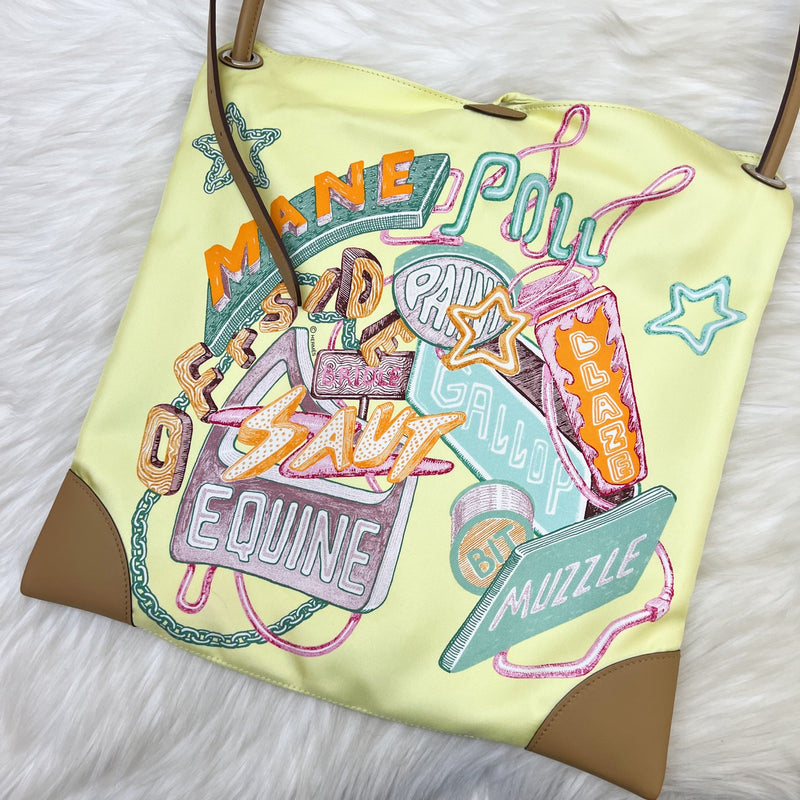 Hermes Silkycity 33 Bag in "Fantaisie Chevaloscope Neon" Printed Silk and Swift Calfskin in Jaune Pâle / Biscuit