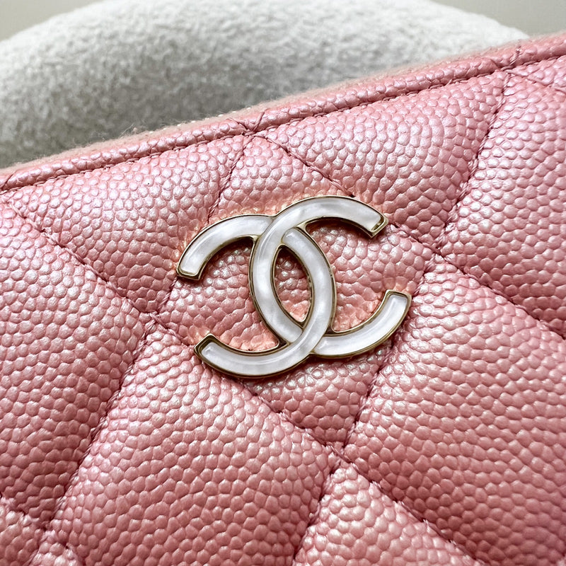 Chanel Medium Mid-Length Wallet in 19S Iridescent Pink Caviar and MOP Logo