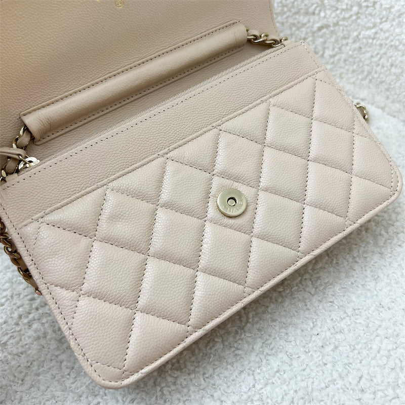 Chanel 21S Pearl Coco Chain Wallet on Chain WOC in Beige Caviar and LGHW
