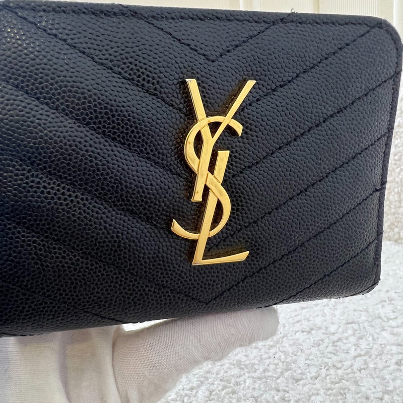 Saint Laurent YSL Compact Wallet in Black Grained Calfskin and GHW