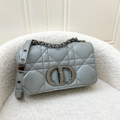 Dior Small Caro Flap Bag in Grey Quilted Macrocannage Calfskin and Dark SHW