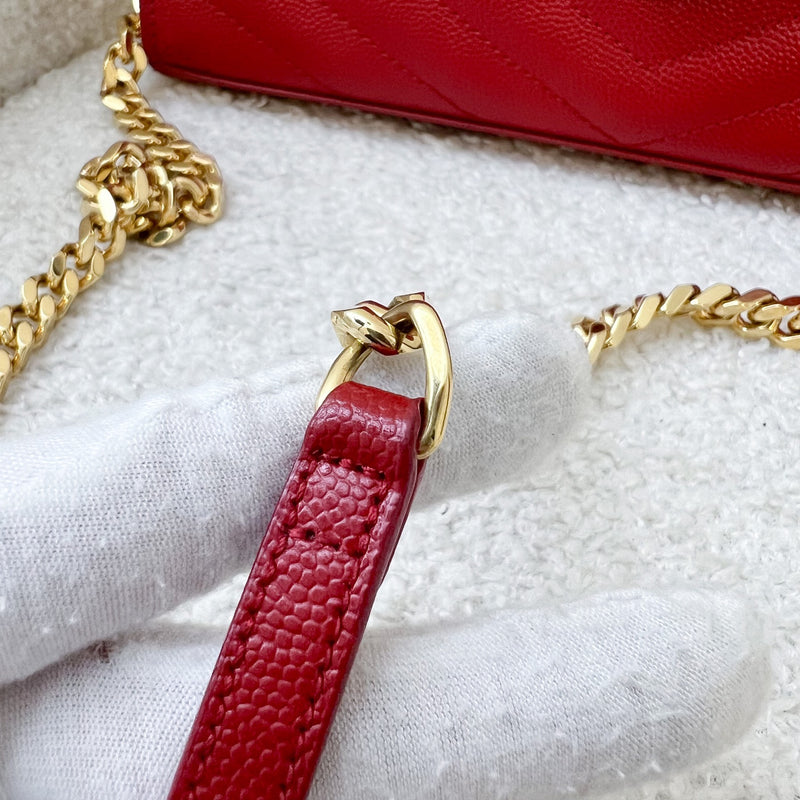 Saint Laurent YSL Medium / Large Wallet on Chain WOC in Red Grained Leather and GHW