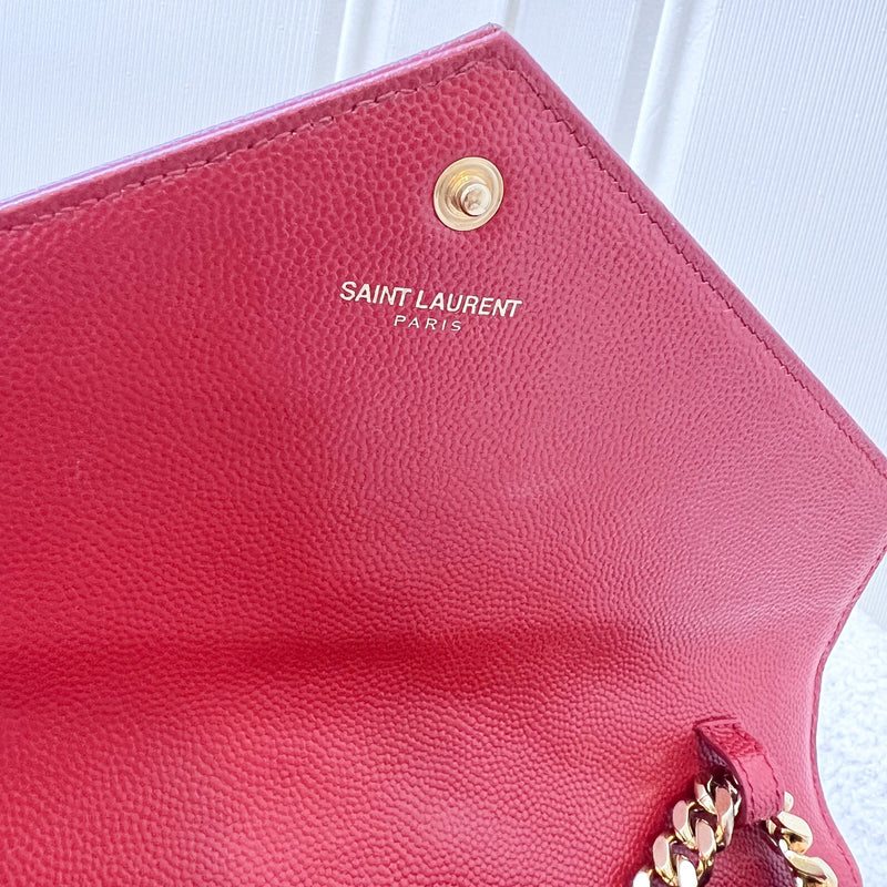 Saint Laurent YSL Medium / Large Wallet on Chain WOC in Red Grained Leather and GHW