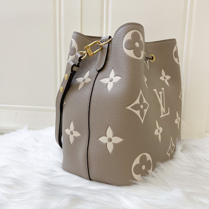 LV NeoNoe MM in Tourterelle Grey and Creme Giant Monogram Empreinte Leather and GHW