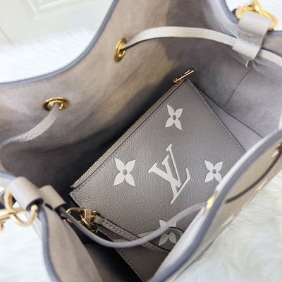 LV NeoNoe MM in Tourterelle Grey and Creme Giant Monogram Empreinte Leather and GHW