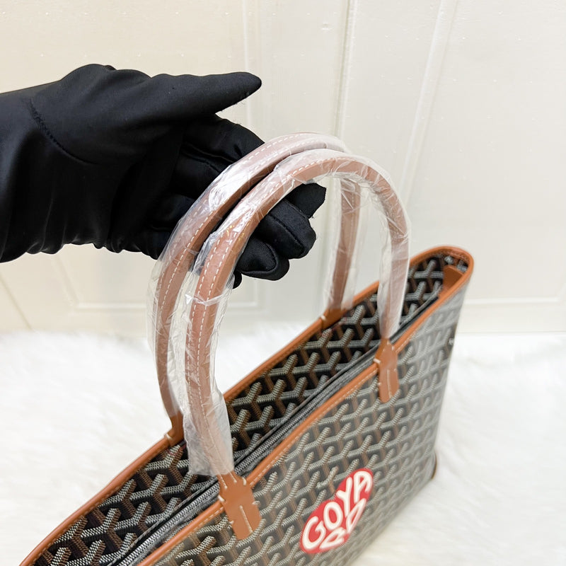 Goyard Artois PM Tote with a Red Hand Painted Heart Stamp in Black and Tan Signature Goyardine Canvas