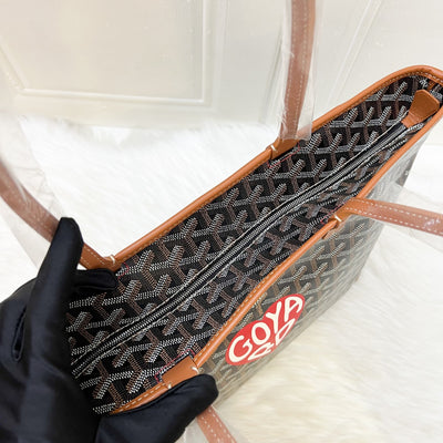 Goyard Artois PM Tote with a Red Hand Painted Heart Stamp in Black and Tan Signature Goyardine Canvas